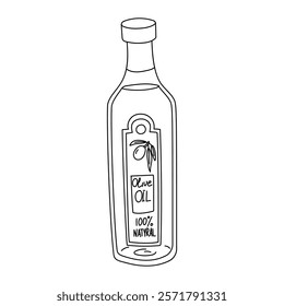 A glass bottle of olive oil is closed for the store. Outline illustration in sketch style, coloring book. Durable dark glass for sale with a label in full design. Isolated on white