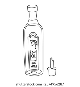 glass bottle of olive oil is closed for sale in the store and a filling nozzle. illustration in the form of a sketch, a coloring book. sale is durable dark glass with label in full design. on a white