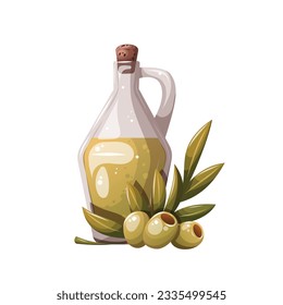 Botella de vidrio con aceite de oliva. Cocina, Comida orgánica, Comida saludable, concepto de cocina italiana. Ilustración vectorial aislada.