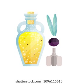 Glass bottle of olive oil and garlic, organic healthy oil product and spice vector Illustration on a white background