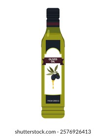 Glass bottle olive oil. Ingredient for cooking. Black olive. Flat illustration on white background.