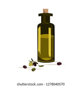 Glass bottle with olive oil and olives isolated on white. Vector illustration