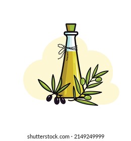 glass bottle of olive oil and olives with leaves.