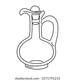 A glass bottle with olive oil. Outline illustration in sketch style, coloring book. Glass container with a large handle, for home use. The jug is covered with a glass lid. Isolated on white