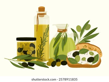 Glass bottle with olive oil, rosemary, jar of pickled olives, olive branch, carafe of olive oil, and bruschetta with cream cheese and olives composing a Mediterranean style still life