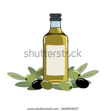 glass bottle of olive oil with simple label surrounded by green and black olives and olive leaves, vector style, white background, isolate