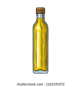 Glass bottle with olive oil. Vector illustration. Vintage style. Templates for decoration of shops, restaurants, markets.