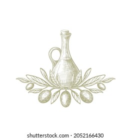 Glass bottle with olive oil. Vector hand drawn hatching. Vintage symbol on white background. Farm organic product