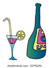glass and bottle are on the white background