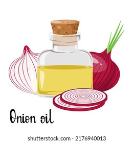 Glass bottle with onion oil on a white background. Cartoon design.
