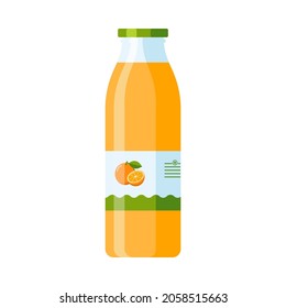Glass Bottle of Orange Juice. Flat Style. Citrus drink icon for logo, menu, emblem, template, stickers, prints, food package design and decoration