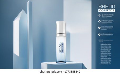 frasco de vidrio con esencia original aislado sobre fondo azul. Hermoso volante o banner para anuncios cosméticos. Tapón cosmético azul. Marca de productos de maquillaje. Ilustración 3D.