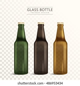 Glass bottle package design, 3D illustration drink bottle template collection in green and brown, objects isolated on transparent background