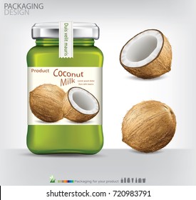 Glass bottle packaging for coconut jam design.coconut vector