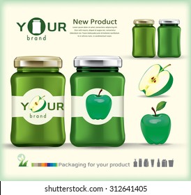 Glass bottle packaging for fruit jam design.green apple