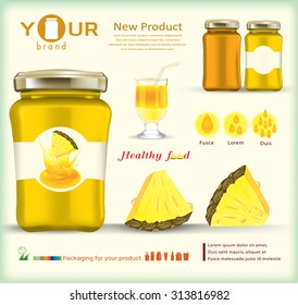Glass bottle packaging for fruit jam design.pineapple