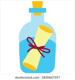 Glass bottle with paper roll inside sea bottle mail flat graphic