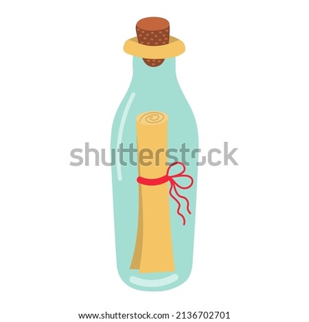 Glass bottle with paper roll inside. Sea bottle mail.  Symbol of pirates, sea voyage, travel by ship. Vector illustration.