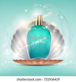 Glass bottle with a perfume and shell. Cosmetic ads template. Stock vector illustration.