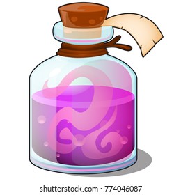 Glass bottle with pink liquid closed tube with blank label isolated on white background. Magic elixir or potion. Vector cartoon close-up illustration.