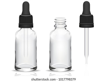 Glass bottle with a pipette, vector realistic drawing. Transparent empty vial with a pipette inside and closed lid, and empty vial without cover and a separate pipette. Isolated on white background