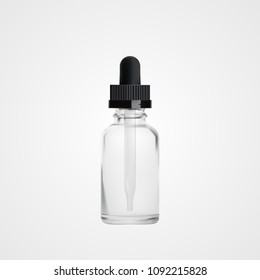 Glass bottle with a pipette, vector realistic drawing. Transparent empty vial with a pipette inside. Isolated on white background.