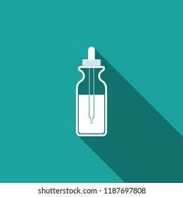 Glass bottle with a pipette. Vial with a pipette inside and closed lid icon isolated with long shadow. Container for medical and cosmetic product. Flat design. Vector Illustration