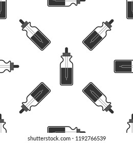 Glass bottle with a pipette. Vial with a pipette inside and closed lid isolated icon seamless pattern on white background. Container for medical and cosmetic product. Flat design. Vector Illustration