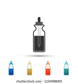 Glass bottle with a pipette. Vial with a pipette inside and closed lid icon isolated on white background. Container for medical and cosmetic product. Colored icons. Flat design. Vector Illustration