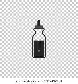 Glass bottle with a pipette. Vial with a pipette inside and closed lid icon isolated on transparent background. Container for medical and cosmetic product. Flat design. Vector Illustration