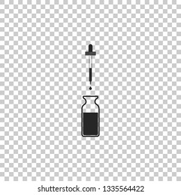 Glass bottle with a pipette. Vial with a pipette inside and closed lid icon isolated on transparent background. Container for medical and cosmetic product. Flat design. Vector Illustration