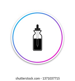 Glass bottle with a pipette. Vial with a pipette inside and closed lid icon isolated on white background. Container for medical and cosmetic product. Circle white button. Vector Illustration