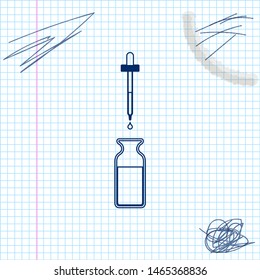 Glass bottle with a pipette. Vial with a pipette inside and closed lid line sketch icon isolated on white background. Container for medical and cosmetic product. Vector Illustration