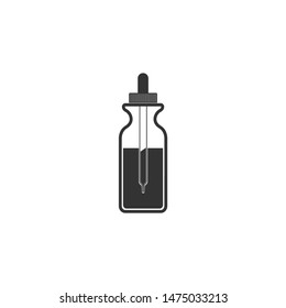 Glass bottle with a pipette. Vial with a pipette inside and closed lid icon isolated. Container for medical and cosmetic product. Flat design. Vector Illustration