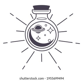 Glass bottle with planets and stars, constellations and celestial bodies. Isolated container with magic potion or spell. Witchcraft or alchemy. Mystical object. Colorless line art, vector in flat