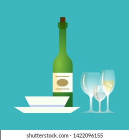 Glass bottle, plates and alcoholic drink with emblem vector. Tequila champagne with cork and label, served dishes for food, restaurant cafe serving