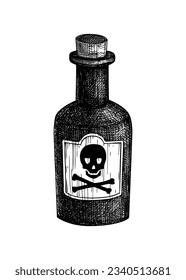 Glass bottle with poison sketch. Hand draw jar with label isolated on white background. Halloween design element, alchemy, home decoration, witchcraft. Scull with bones sticker vector illustration