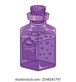 Glass bottle of poisonous liquid substance, magic potion containers with cork, Bottle labeled as deadly risk