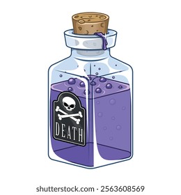 Glass bottle of poisonous liquid substance, magic potion containers with cork, Bottle labeled as deadly risk