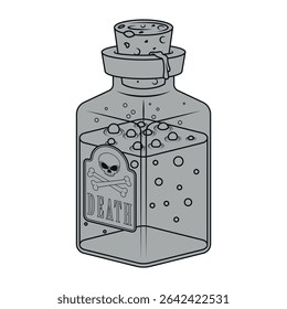 Glass bottle of poisonous liquid substance, magic potion containers with cork, Bottle labeled as deadly risk