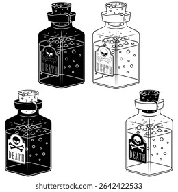 Glass bottle of poisonous liquid substance, magic potion containers with cork, Bottle labeled as deadly risk