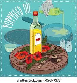Glass bottle of Poppyseed oil and Poppy flowers and seeds. Hand pouring oil on frying pan. Natural vegetable oil used for frying food. Vector illustration