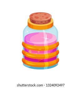 Glass bottle with potion. Container with cork and pink liquid. Flat vector icon for mobile game