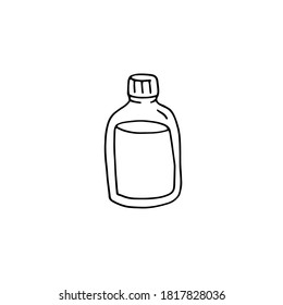 Glass bottle with potion. Container with liquid. Vector doodle illustrations. Black and white outline