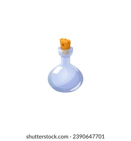 Botella de vidrio para poción con corcho, icono de juego vectorial aislado en fondo blanco. Simple caricatura ui elemento, pequeño matraz vacío, contenedor transparente para líquido. Objeto de juego para la interfaz web