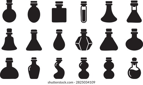 Glass bottle and potion jar icon set with black silhouettes for laboratory and fantasy concepts