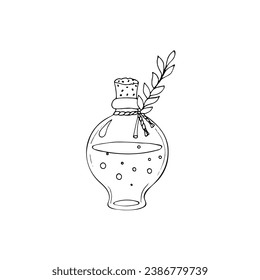 Glass bottle with potion, magic elixir. Hand drawn Illustration for witches. Halloween alchemy. Magic glass bottle with cork and herb.