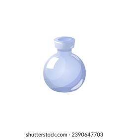 Botella de vidrio para poción, icono de juego vectorial aislado en fondo blanco. Simple caricatura ui elemento, pequeño matraz vacío sin corcho, contenedor transparente para líquido. Objeto de juego para la interfaz web