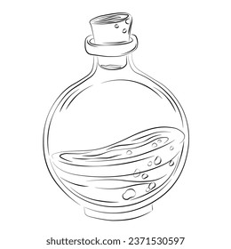 A glass bottle with a potion. Witchcraft and a curse. Vector stock illustration. Isolated on a white background.