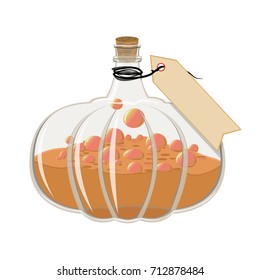 Glass bottle for potions and poisons in the form of a pumpkin with a tortuous neck and a wooden stopper. Label for the inscriptions. Happy Halloween. Trick or treat. Isolated on white background.